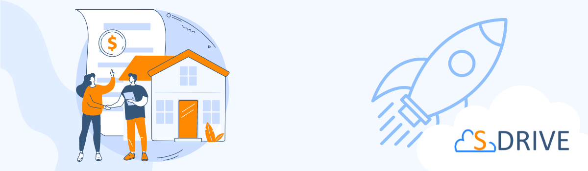 Illustration of two people shaking hands in front of a house, representing Document Management for Mortgage Brokers in Salesforce, alongside the S-Drive logo and a rocket symbolizing efficiency and growth.